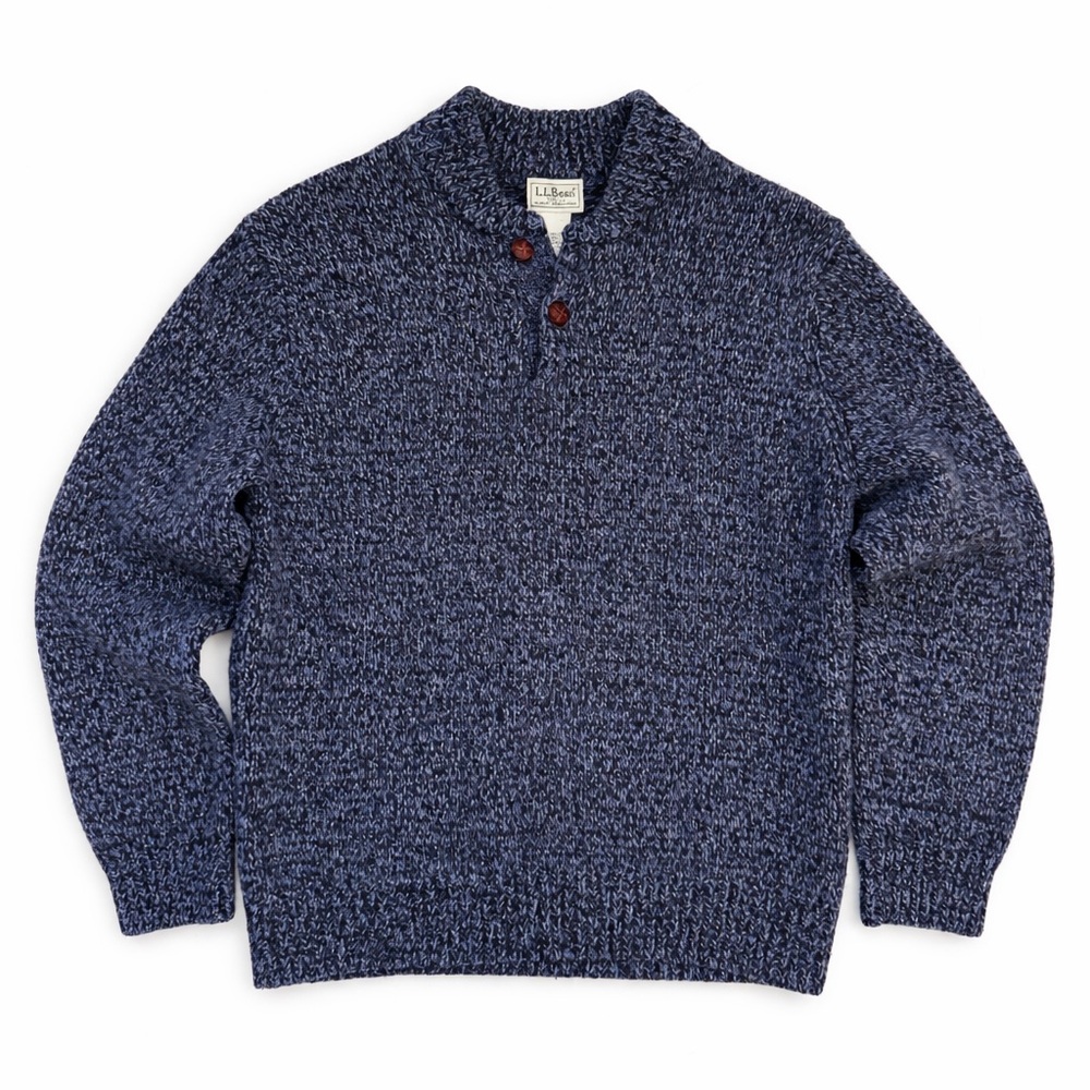 L.L.Bean 100% Lambswool Henley Sweater Blue Marled Knit Size L